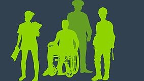 Die Grafik zeigt schematisch eine Gruppe von Personen, von denen eine Person im Rollstuhl sitzt.
