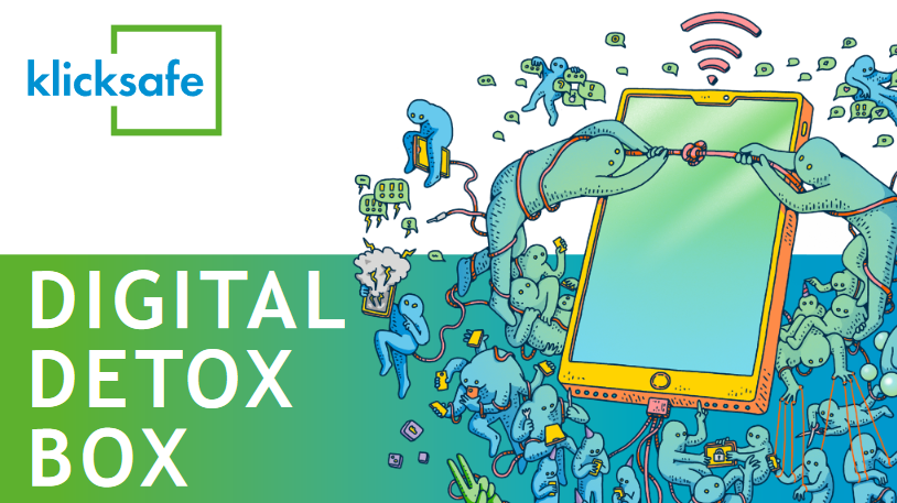 Die Digital Detox Box von klicksafe mit einer bildlichen Darstellung der Überbenutzung von Handys.