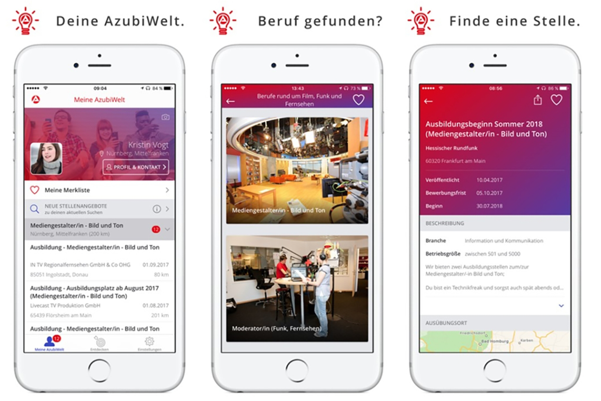 Drei Handys mit Screenshots aus der App AzubiWelt
