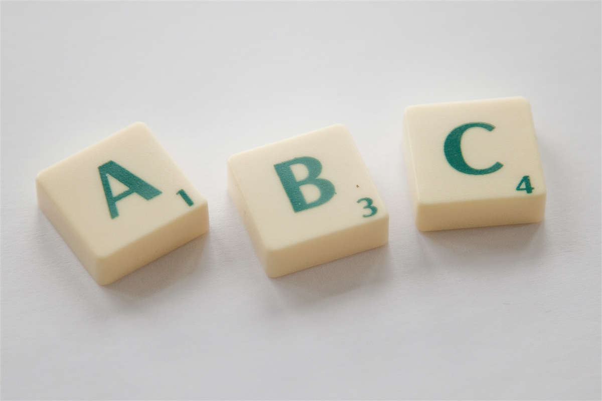 Es sind jeweils der Buchstabe A, B und C auf einem Dominostein zu sehen. 