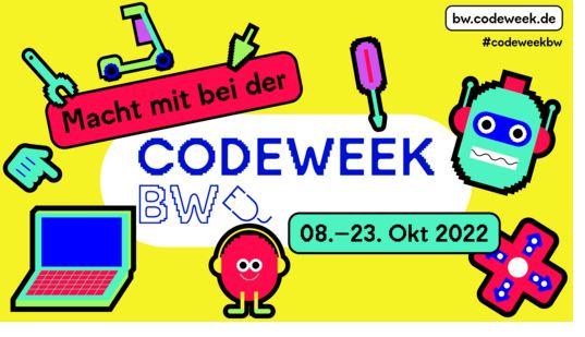 Grafik mit Computerspielfiguren lädt zum Programmieren auf der Code Week im Oktober 2022 ein.
