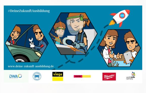 Logo der Kampagne "Deine Zukunft: Ausbildung!", das Zeichnungen von jungen Frauen und Männern beim Ausüben ihrer Berufe sowie die Logos der Partner der Kampagne zeigt.