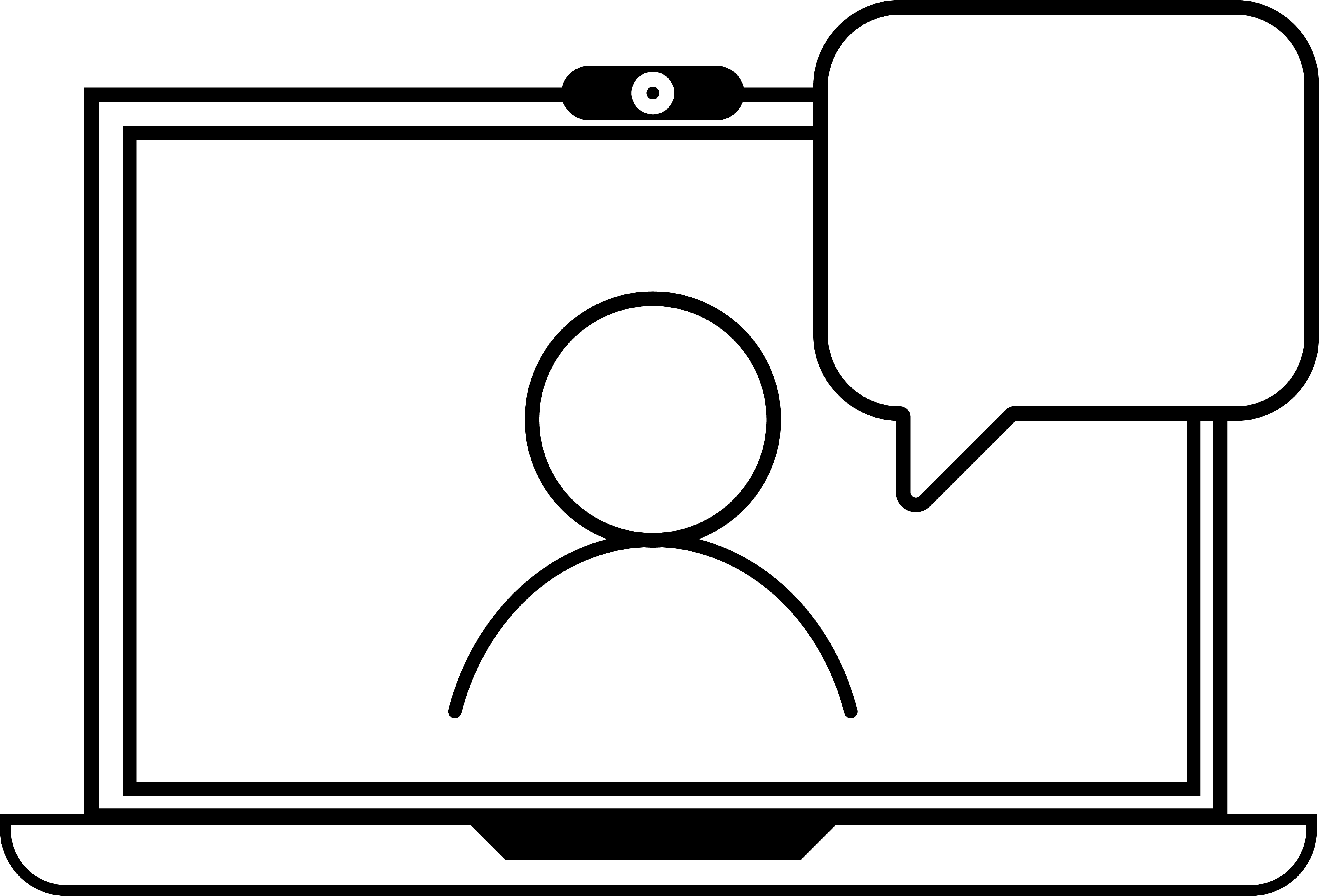 Icon Laptop mit Strichperson und Sprechblase auf Bildschirm.
