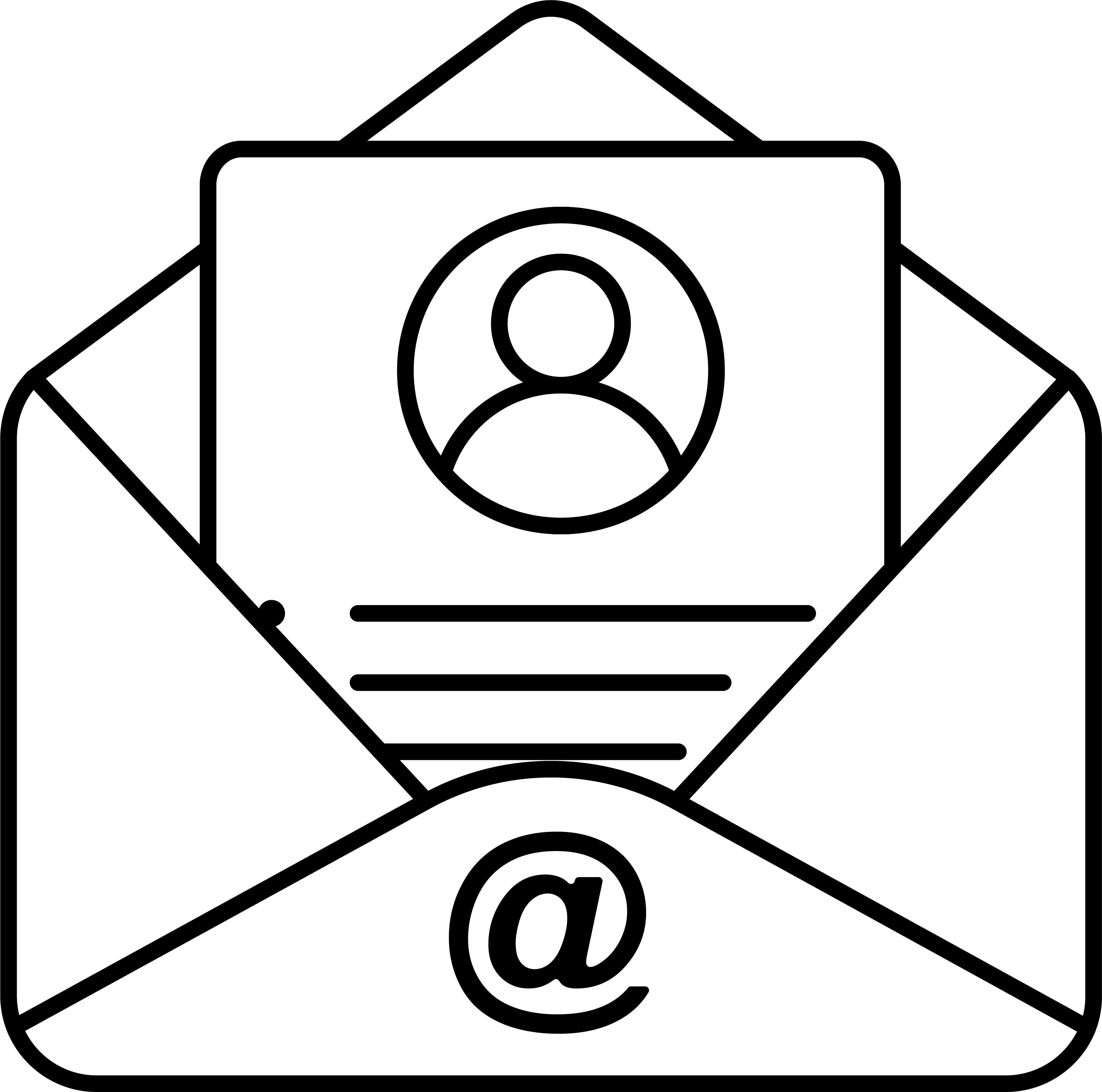 Icon Umschlag mit @-Zeichen und Papier mit Porträtbild eines Männchens darin.